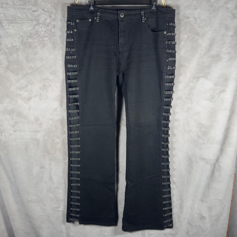 Biker Design USA Black Rhinestone Ladder Cut Out‎ Side Jeans Women's Size 18